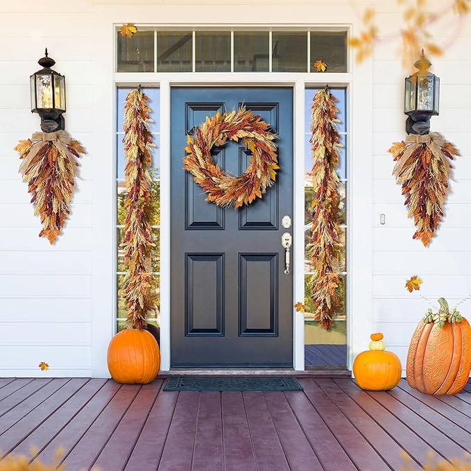 Glitzhome 28'' Artificial Fall Teardrop Swag, Autumn Harvest Multi-Colored Sorghum Door Swag, Hanging Flower Wreath for Thanksgiving Fall Front Door Window Wall Decor