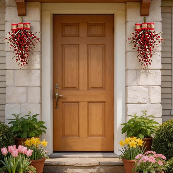 Forsythia Spring Teardrop Swag, 2Pcs Artificial Spring Summer Floral Hanging Swags with Bow for Door Wall Mantel Window Wedding Home Decor (Red)