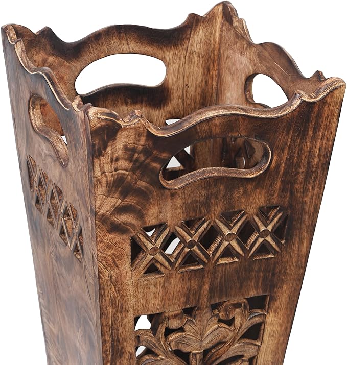 Antique Wooden Umbrella Stand & Walking Cane Holder for Home, Office & Entryway | Hand-Carved Solid Wood Umbrella & Cane Storage Rack | Size 21.5 x 8 x 8 in, Base 7.5 x 7.5 inches