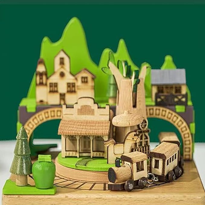 Natural Solid Wood Handcrafted Beech Wooden, Musical FigureTotoro/Carousel/Fairy/Ballerina Figurine,Rotating Hand Crank Mechanism Music Box,Musical Decorations (The Train in the Cavern)