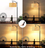 QIYIZM Floor Lamp for Living Room Bedroom Farmhouse Arc Rattan Boho Standing Lamp with Remote Dimmable Black Wicker Bamboo Lamp Shade Floor Light Adjustable Tall Lamp Industrial Floor Lamps Bohemian