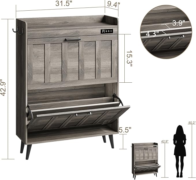 ChooChoo Shoe Storage Cabinet with 2 Flip Drawers, Deodorizing Shoe Organizer Storage for Entryway, Freestanding Hidden Slim Narrow Shoe Rack Cabinet, Grey