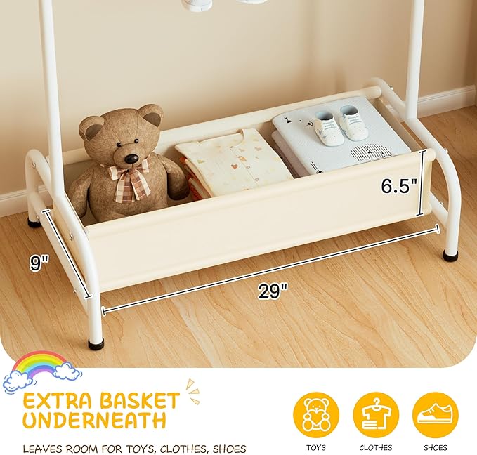 MISSLO Kids Clothing Rack with Basket Small Dress Up Storage Short Toddler Dress Up Rack Kids Closet for Baby Clothes, White