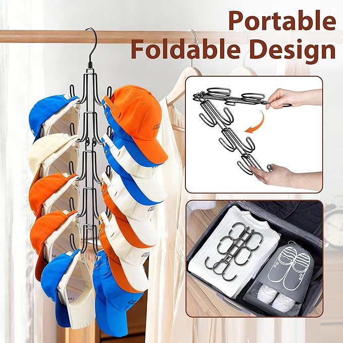 Hat Hangers for Closet, Hanging Hat Organizer with 10-Hook, Stainless Steel Hat Rack, Space Saving Cap Holder, Collapsible Hat Storage for Baseball Caps