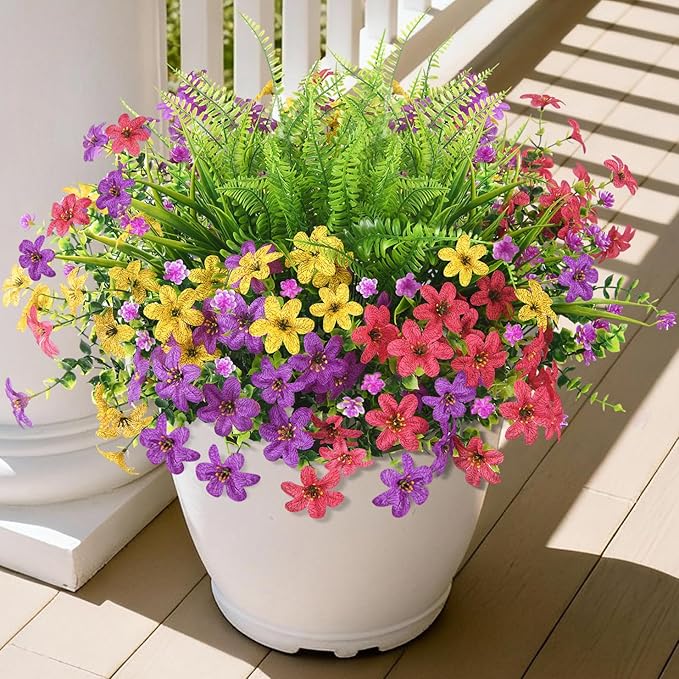 Artificial Flowers with Fake Fern Plants for Outdoors, 12 Bundles Realistic Faux Flower Silk Daisy with Eucalyptus Stem UV Resistant for Outside Patio Planter Porch Yard Window Spring Decoration