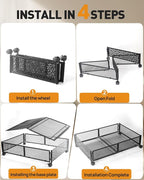 Under Bed Storage With Wheels, 2 Pack Foldable Pattern Carved Metal Under Bed Storage Containers, 60L Rolling Underbed Storage, Easy Assembly Under The Bed Storage for Shoes, Clothes, Blankets...