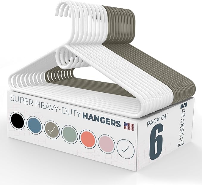 Neaties Super Heavy Duty Clothes Hangers 6 Pack – Made in the USA - 10lb Capacity, Thick Plastic Hangers for Pants, Coats, Jackets, Jeans and Adult Clothing – White & Gray