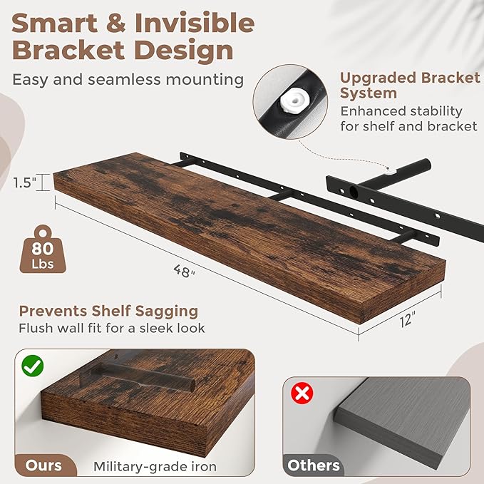 48 Inch Long Floating Shelves for Wall 2 Pack, 12"D Wood Grain Bathroom Shelves with Invisible Brackets, Easy Install Engineered Wood Storage Shelves for Kitchen, Living Room, Bedroom, Rustic Brown
