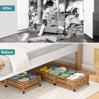 Wisuce Bamboo Under Bed Storage Containers- Underbed Organizer with Wheels with Large Dust Bag,Sturdy Wood Rolling Under the Bed Shoe Storage Organizer Drawer 2 Packs (Walnut, Long)