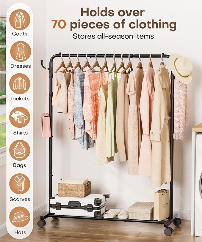 Homde Heavy Duty Clothes Rack: 120lb Standing Garment Storage for Indoor - Rolling Hanging Rod for Bedroom Laundry Room - Coat Dress Organizer on Wheels with luggage shelf (Black, 46.5")
