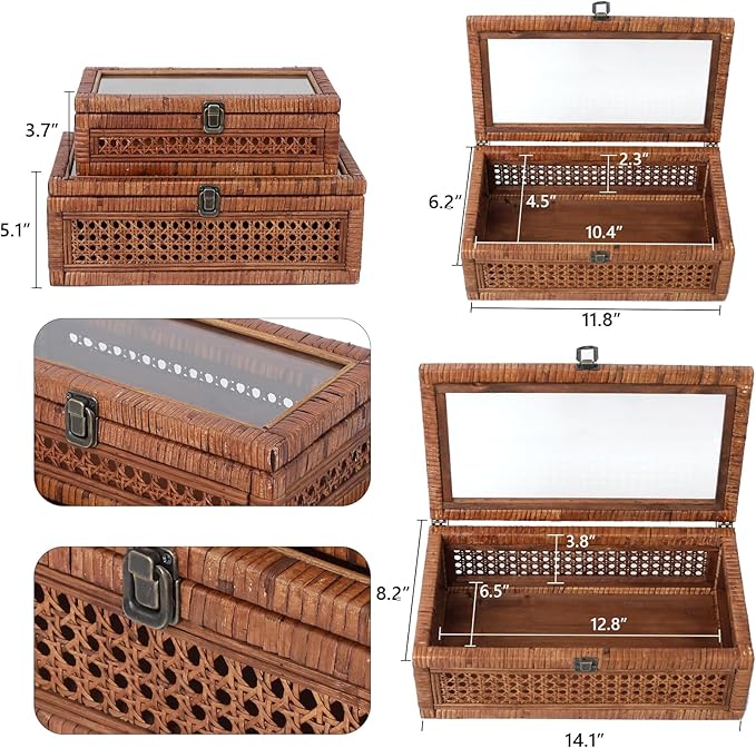 DECOR4SEASON Rattan and Cane Stacking Boxes with Glass Top Lid - Set of 2 11.8" and 14.1", for Boho and Rustic Farmhouse Decor, Brown