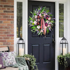 Spring Wreaths for Front Door 24 Inch Luxury Lavender Summer Wreath with Pink Ribbon,Artificial Peony & Rose Spring Door Wreath for Farmhouse Home Wall Porch Window Seasonal Display