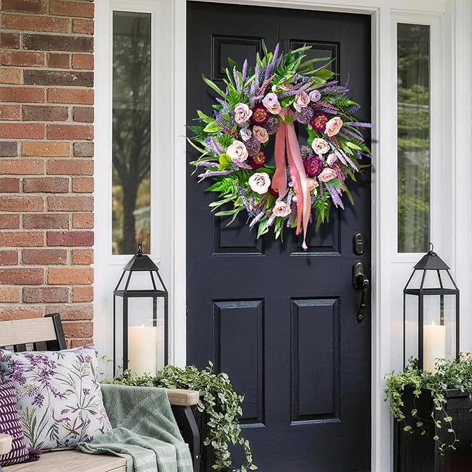 Spring Wreaths for Front Door 24 Inch Luxury Lavender Summer Wreath with Pink Ribbon,Artificial Peony & Rose Spring Door Wreath for Farmhouse Home Wall Porch Window Seasonal Display