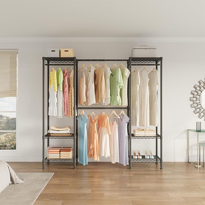 H10 Clothing Rack for Hanging Clothes, Expandable Clothes Rack, Freestanding Closet Rack, Heavy Duty Garment Rack, Organizer with Hanger Rods, Extendable from 4.6 to 5.1 ft, Black