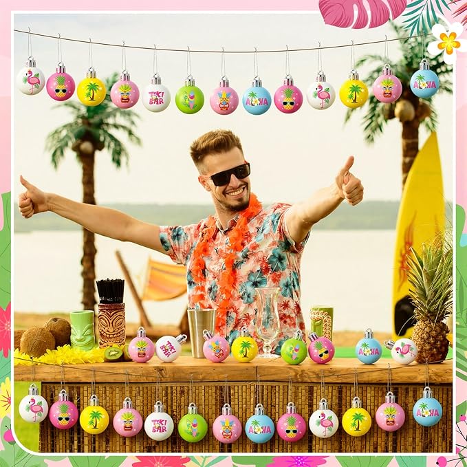 HyDren 40 Pcs Summer Tree Ornaments Mini Summer Hanging Tree Decorations 1.2 Inch Pastel Flamingo Surboard Pineapple Palm Beach Tropical Ball Decorations for Home Luau Holiday Decorative Supplies