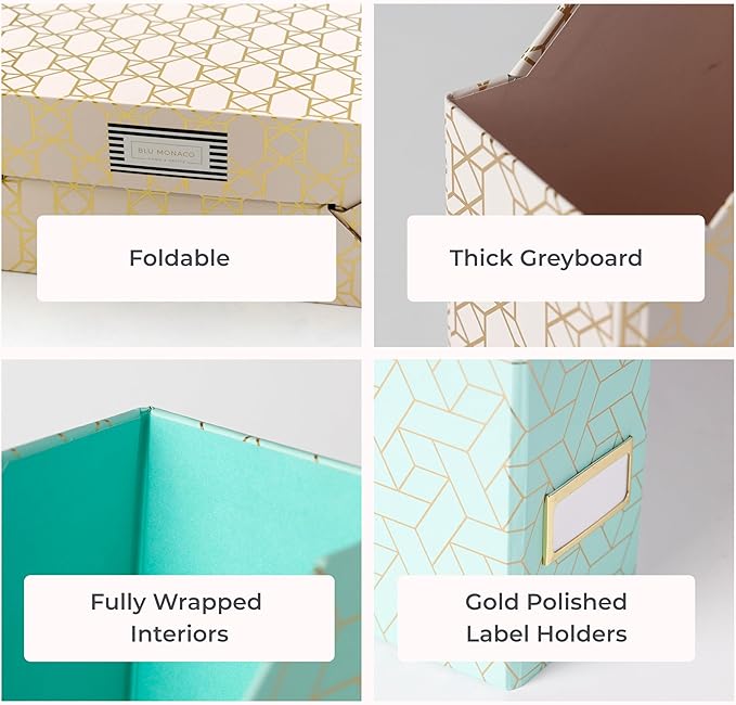 BLU MONACO | Set of 4 Foldable Pink & Aqua Magazine File Holders with Gold Geometric Patterns | Vertical File Organizer Boxes with Gold Label Holders for Home & Office