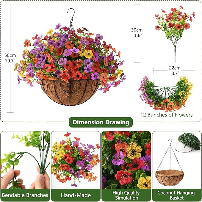 Artificial Faux Hanging Flowers Plants with Basket for Outdoor Spring Decoration, Fake Silk Daisy Outside Indoor UV Resistant Look Real Yard Patio Front Porch Garden Balcony Home Decor(Mix2)