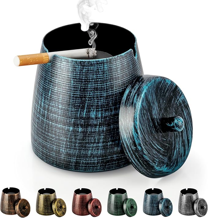 Ashtray for Cigarettes Outdoor, Outdoor Ashtray with Lid for Cigarette, Metal Odorless Windproof Smokeless AshTray for Patio Home Office Tabletop Balcony