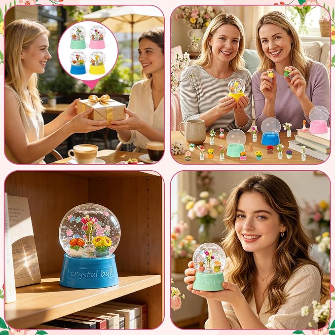 Spring Summer Snow Globes Craft Kit - 8 Set DIY Plastic Snow Globe Craft with Mini Resin Tulips, Make Your Own Graduation Party Decor with Glitter for Art Activity Gifts (Flowers)