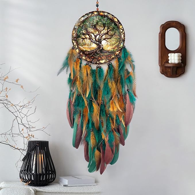 Dream Catcher Wall Hanging Decor for Bedroom Aesthetic, Handmade Traditional Wall Art with Feathers for Living Room, Nursery, Good Vibes Gift for Women,Girls,Home Decoration Wedding Party (Old Tree)