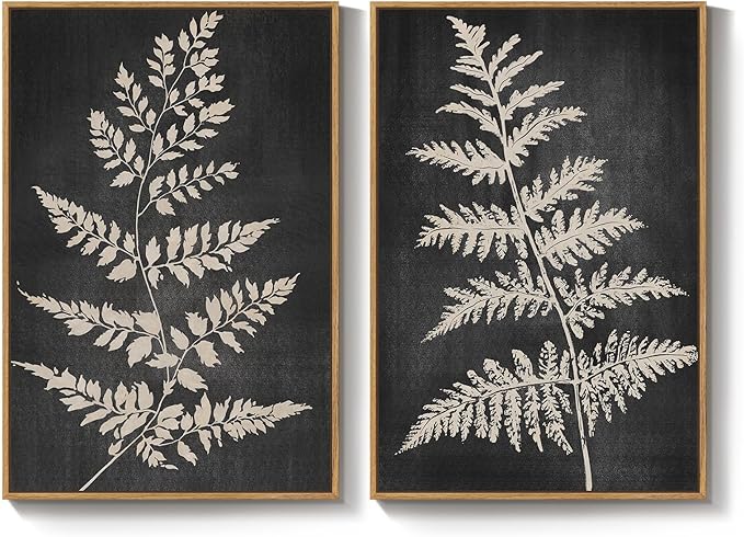 Large Framed Vintage Botanical Wall Art Set of 2, Black Neutral Retro Leaf Canvas Paintings Prints, Rustic Minimalist Modern Farmhouse Pictures for Living Room Bedroom Office Wall Decor, 24x36 Inch