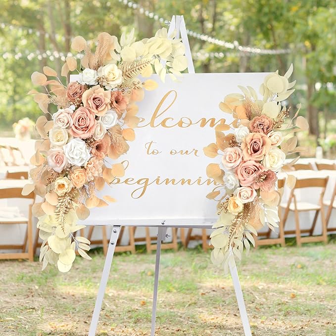 Ting's time Wedding Arch Flowers Artificial Silk Large Flower Swag Boho Styles Reception Backdrop Floral Decor for Wedding Party Ceremony, Pack of 2 (Beige)
