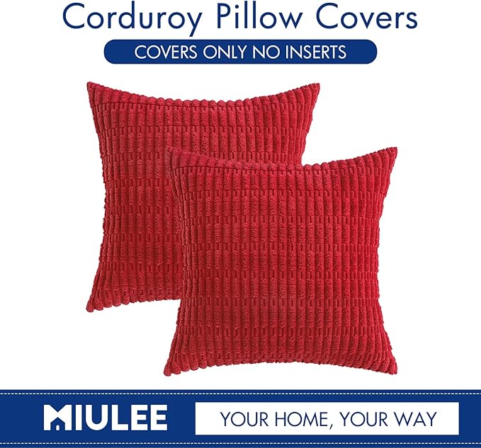 MIULEE Pack of 2 Red Corduroy Decorative Pillow Covers 18x18 Inch Soft Boho Striped Throw Pillow Covers Modern Farmhouse Home Decor for Sofa Living Room Couch Bed
