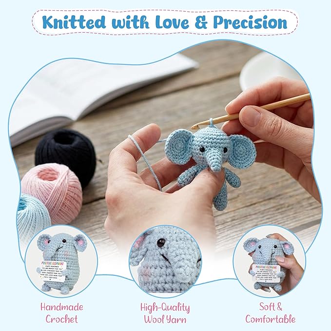 OASSIE Thank You Gifts for Women - Mini Positive Crochet Animals Elephant - Inspirational Birthday Preschool Kindergarten Graduation Gifts Trendy Stuff for Teen Boys Girls Kids Friend Daughter Sister