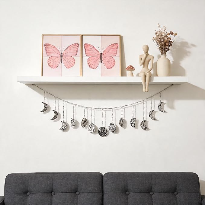 Moon Phase Garland Sliver Hammered Metal - Celestial Boho Wall Hanging Decor Moon Phases Ornament for Bedroom Aesthetic Above Bed Living Room Home Decor