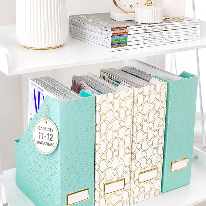 BLU MONACO | Set of 4 Foldable Pink & Aqua Magazine File Holders with Gold Geometric Patterns | Vertical File Organizer Boxes with Gold Label Holders for Home & Office