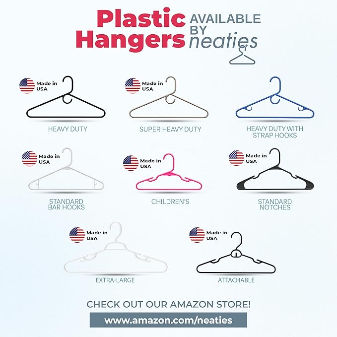 Neaties Plastic Hangers 100 Pack - Made in The USA - 6lb Capacity Standard Clothes Hangers with Notches and Reinforced Edges for Dresses, Lingerie, Shirts, Pants, and Jackets - Gray