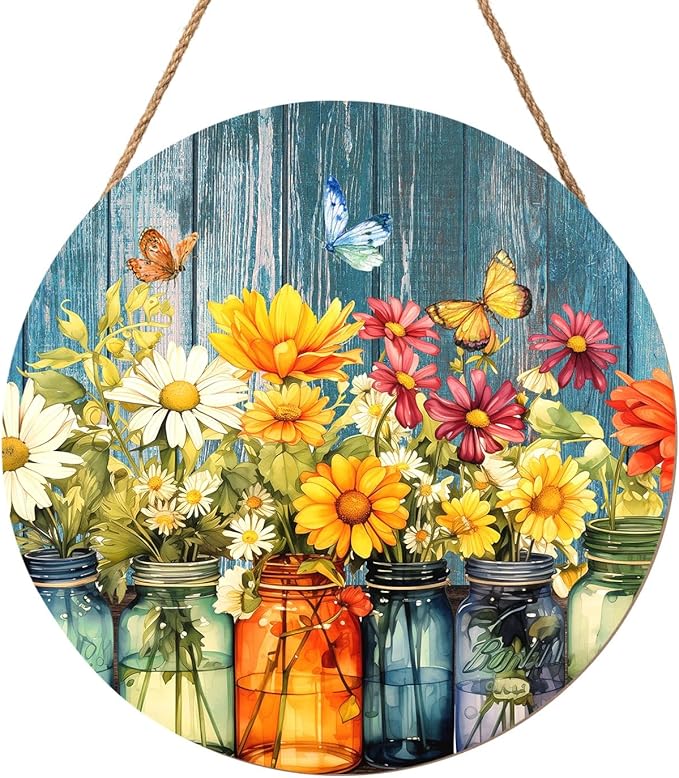 Harooni Spring Summer Floral Door Sign Decor Spring Welcome Wreaths for Front Door Summer Wildflower Vase Butterfly Wood Wreath Farmhouse Front Door Hanger Sign for Indoor Outdoor Decor 12 Inch