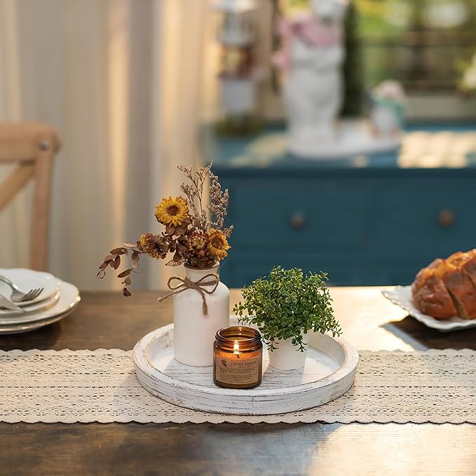 Hanobe Candle Plate Holder Tray: Round White Wood Decorative Tray Decor - Rustic Farmhouse CoffeeTable Decor - Tealight Pillar Trays for Home Decor