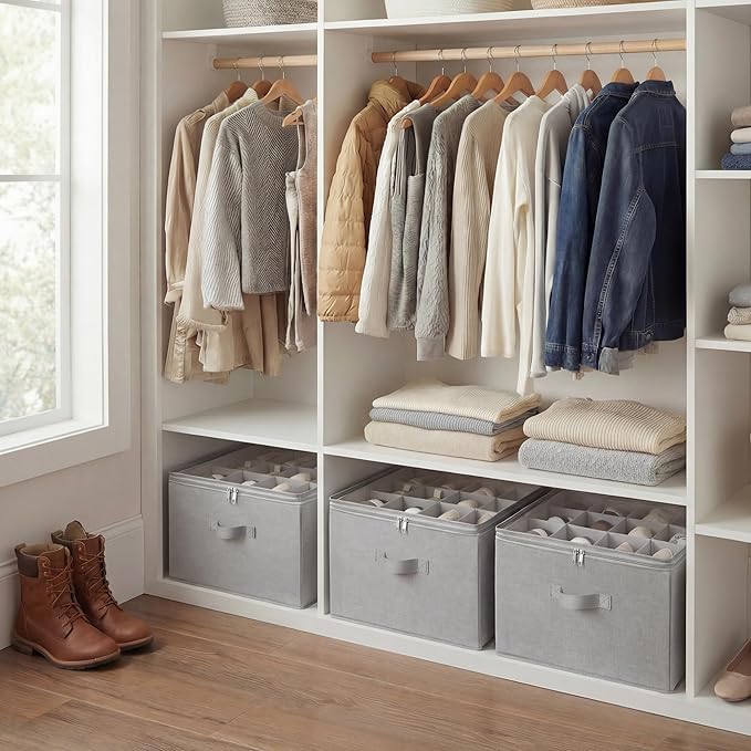 StorageWorks Shoe Organizer for Closet, Fits up to 16 Pairs, Shoe Cubby Storage Containers with Adjustable Dividers and Clear Cover, Grey