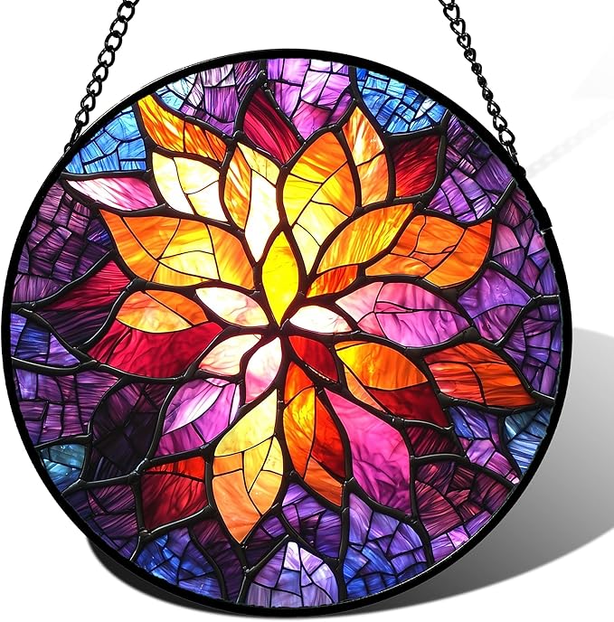 Stained Glass Window Hanging, Fuchsia Abstract Flowers Suncatcher for Window Home Decor Orange Sun Catcher Mother's Day Birthday Gifts for Women Men Mom Nana 7.8 in