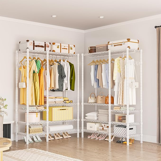 Heavy Duty Garment Rack, Metal Freestanding Closet Wardrobe Clothes Racks for Hanging Clothes, 4 Tiers Adjustable Wire Shelving, 44.9'' L x 16.5'' W x 76.8 '' H, Max Load 850LBS, White