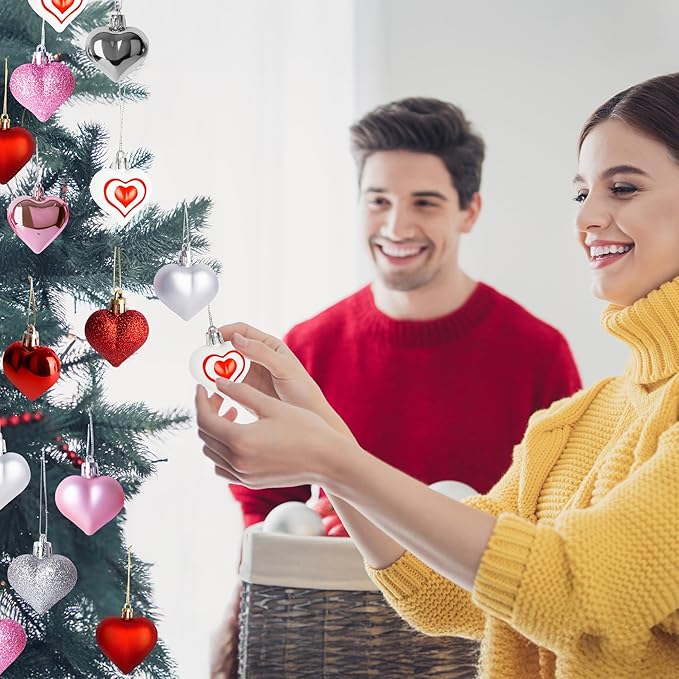 48PCS Heart Shaped Ornaments, Valentine Tree Decorations in 7 Kinds, 4 Colors Glitter Valentine Tree Ornaments, Heart Shaped Decorations for Valentines Wedding Party Hanging Decor