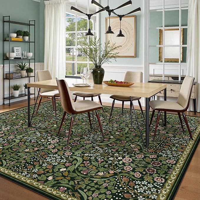 Moynesa Floral 9x12 Area Rug, Green Washable Living Room Rug, Boho Large Dining Room Rug, Non Slip Ultra Thin Botanical Soft Floor Carpet for Bedroom Home Office Farmhouse, Green