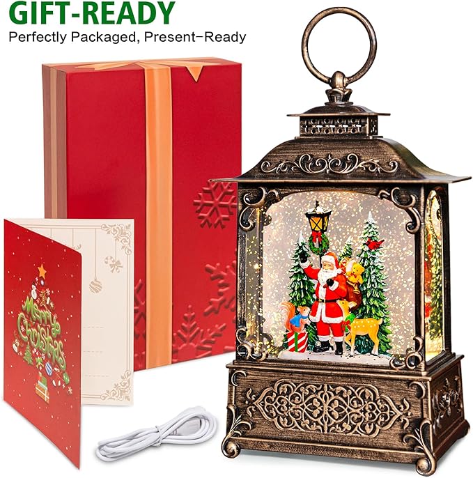 Christmas Snow Globes Lantern with Music, Santa Claus Scene Snow Globes with Water Swirling Glitter Effects, USB/Battery Powered with 6-Hour Timer, Christmas Decorations Gift