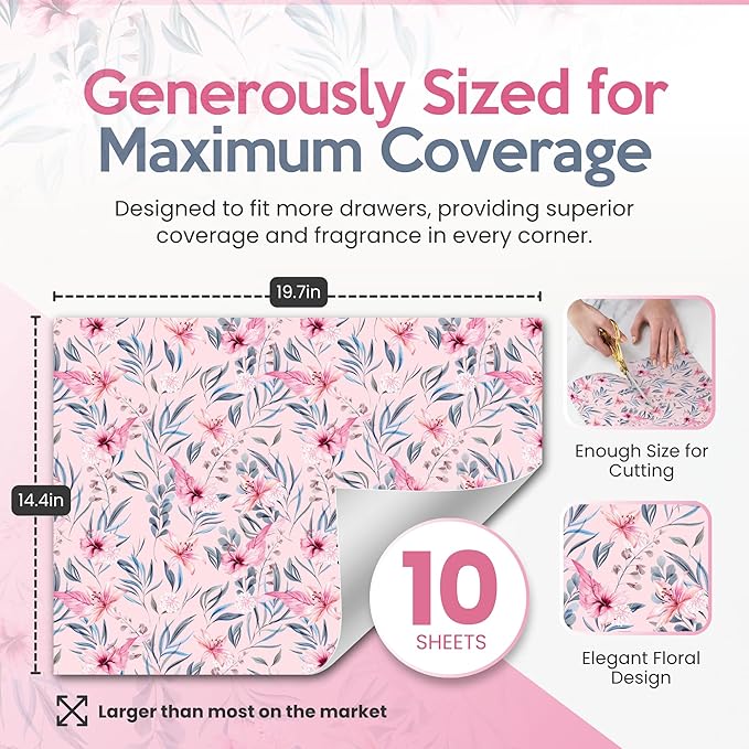 Floral Scented Drawer Liners for Dresser Drawers (10 Large Sheets, 19.7" x 14.4") - Non Adhesive Drawer Paper Liner for Bedroom Dresser & Closet Shelves by Linda’s Essentials