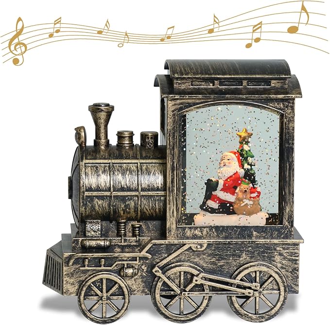 Wondise Lighted Christmas Snow Globes Musical Lantern with Timer, Battery Operated and USB Powered Spinning Water and Swirling Glitter Train Shape Holiday Decoration