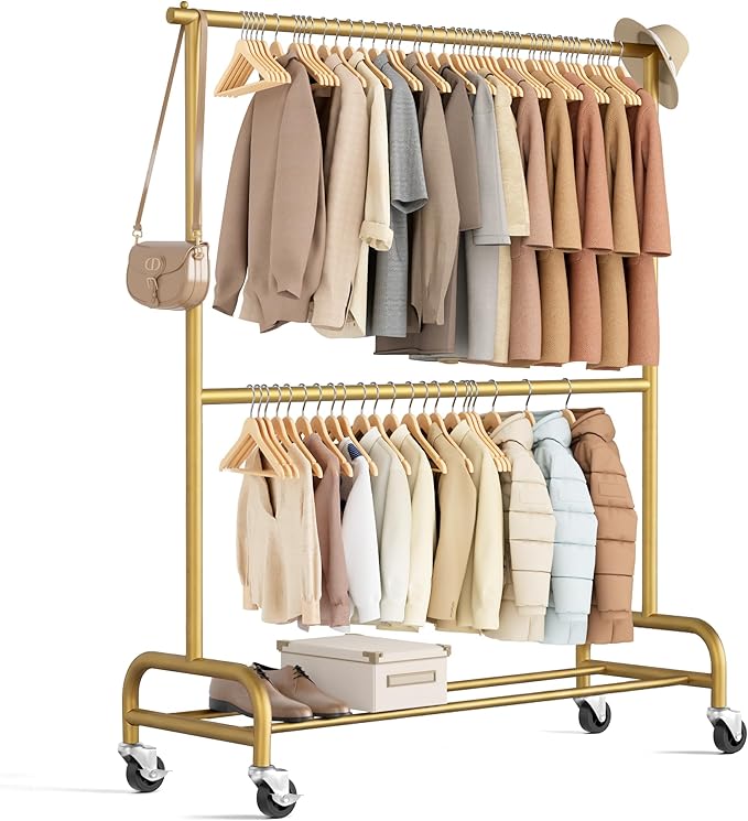 MISSLO Heavy Duty Clothes Rack for Hanging Clothes Rolling Clothing Rack Heavy Duty on Wheels for Coat, Garment, Gold(Double Rod)