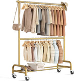 MISSLO Heavy Duty Clothes Rack for Hanging Clothes Rolling Clothing Rack Heavy Duty on Wheels for Coat, Garment, Gold(Double Rod)