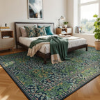 Lessymo Dining Room Rugs for Under Table, 6x9 Washable Forest Green Oriental Area Rug for Living Room, Non Slip Low Pile Carpet for Bedroom, Stain Resistance Vintage Floral Design Decor