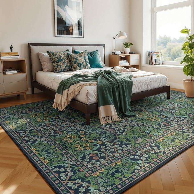 Lessymo Floral Washable Rug 9x12, Living Room Area Rugs Non Slip Boho Low Plie Large Carpet for Bedroom Dining Room Home Office, Vintage Flower Decor Distressed Retro Indoor, Forest Green
