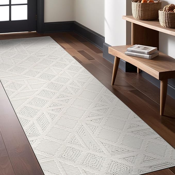 Modern Micro Loop Indoor Runner Rugs for Living Room Bedroom Kitchen Geometric Square White 2x7 Luxury Durable Low and High Pile Non-Shedding Stain Resistant Soft Area Carpet 2 x 7