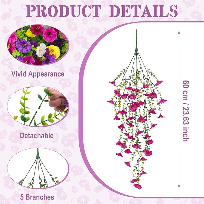 Artificial Hanging Petunias Flowers for Outdoor, 8pcs Fake Plants Long Vine Morning Glory Eucalyptus, UV Resistant Realistic Faux Greenery Outside Patio Porch Garden Spring Summer Decor, Mix Color