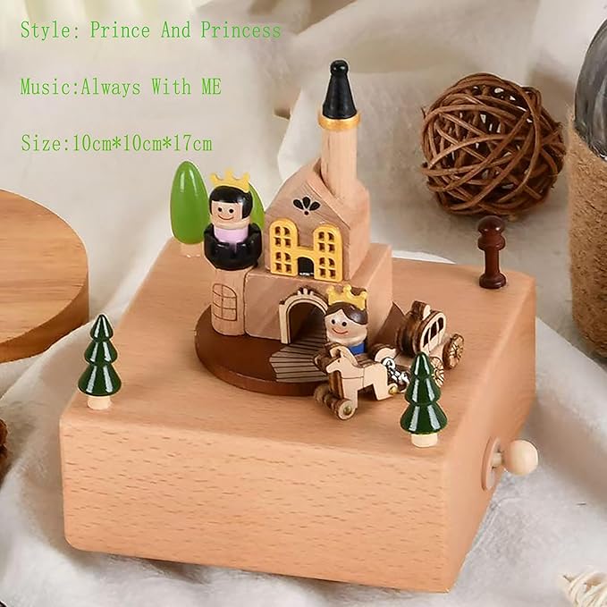 Natural Solid Wood Handcrafted Beech Wooden, Musical FigureTotoro/Carousel/Fairy/Ballerina Figurine,Rotating Hand Crank Mechanism Music Box,Musical Decorations (Prince and Princess)