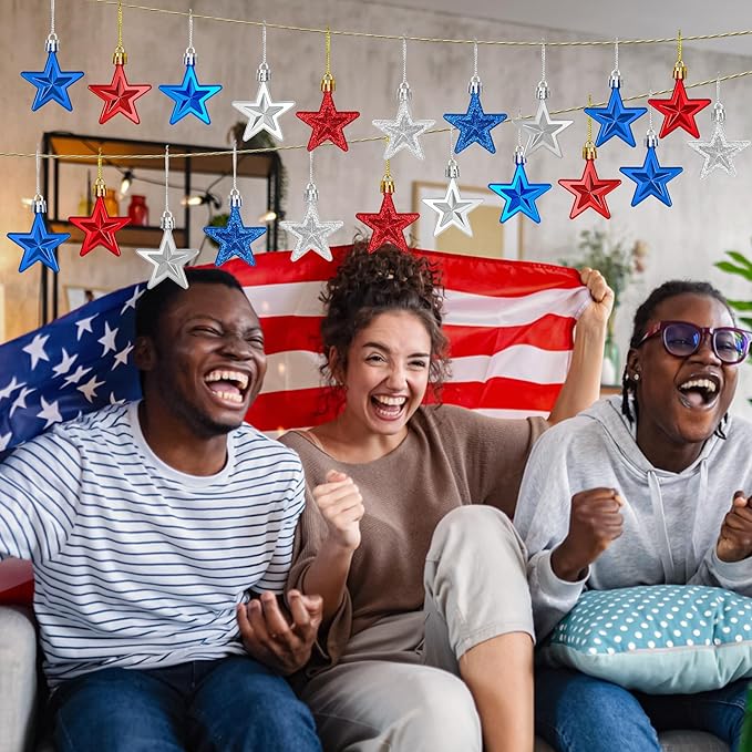 24PCS 4th of July Decorations for Tree, Patriotic Star Shaped Ornaments, Pre-Assembled Red Silver and Blue Star Ornaments, 250 Anniversary USA Merchandise for Memorial Day Fourth of July Party Decor