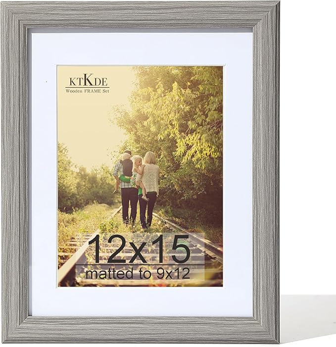 KTKDE 12x15 Picture Frame,Display Pictures 9 x12 with Mat or 12x15 Without, Tempered Glass,15 by 12 Gray Wooden Frame Wall Gallery Poster Frame best gift